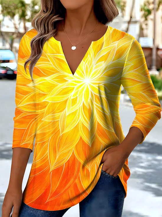 Retro Ethnic Pattern V-Neck Pointed Hem Sun Print Long Sleeve T-Shirt