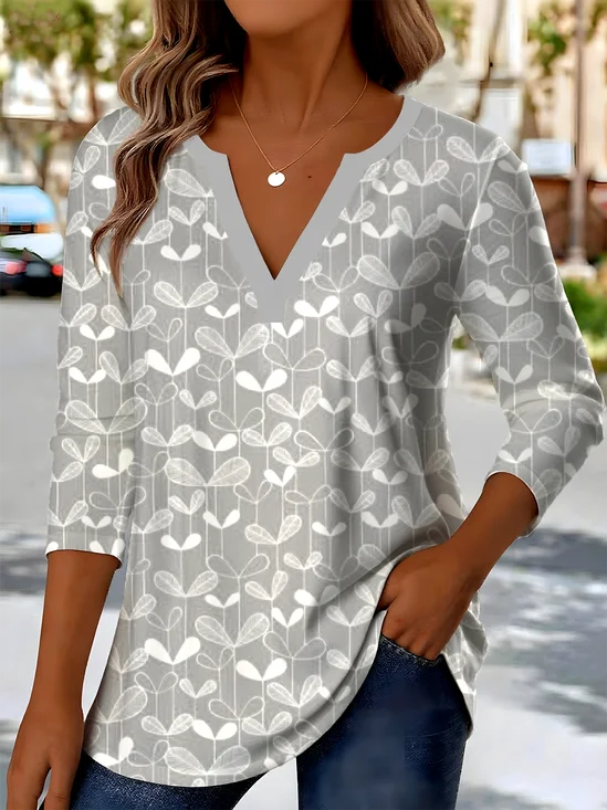 Retro Ethnic Pattern V-Neck Pointed Hem Print Long Sleeve T-Shirt