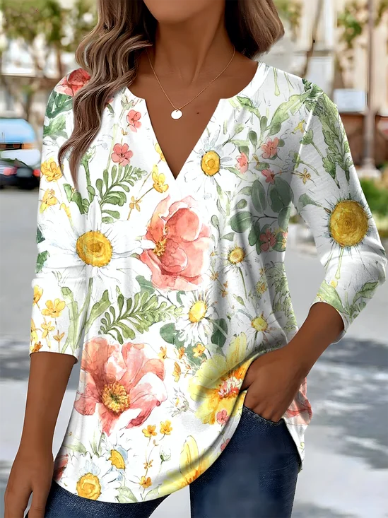 Retro Ethnic Pattern V-Neck Pointed Hem Sunflower Print Long-Sleeved T-Shirt