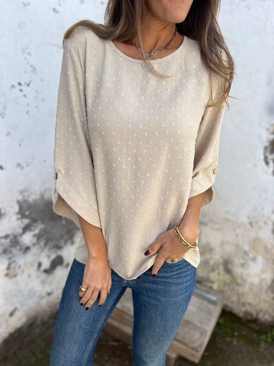 Women's Three Quarter Sleeve T-shirt Spring/Fall Black Plain Jacquard Crew Neck Daily Going Out Casual Top
