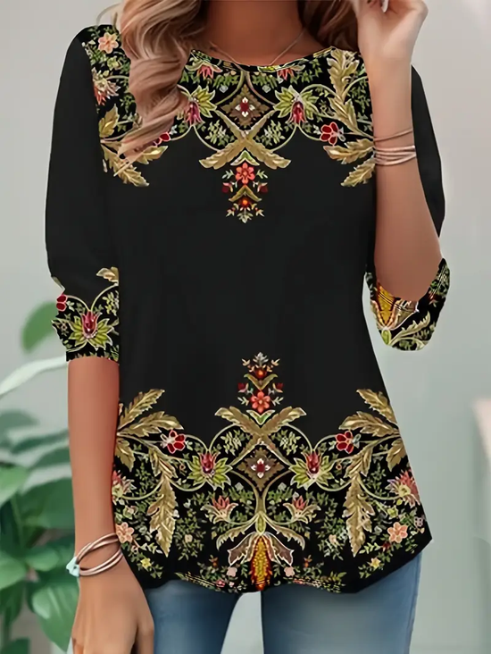 Women's Long Sleeve T-shirt Spring/Fall Black Floral Printing Jersey Crew Neck Daily Going Out Casual Top
