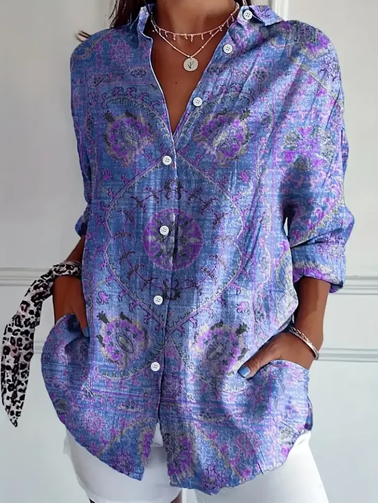 Women's Long Sleeve Shirt Spring/Fall Blue Purple Floral Buckle Shirt Collar Regular Sleeve Daily Going Out Casual Top