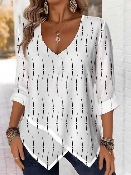 Elegant Commuting Polka Dot Pattern V-Neck Pointed Hem Long-Sleeved Top
