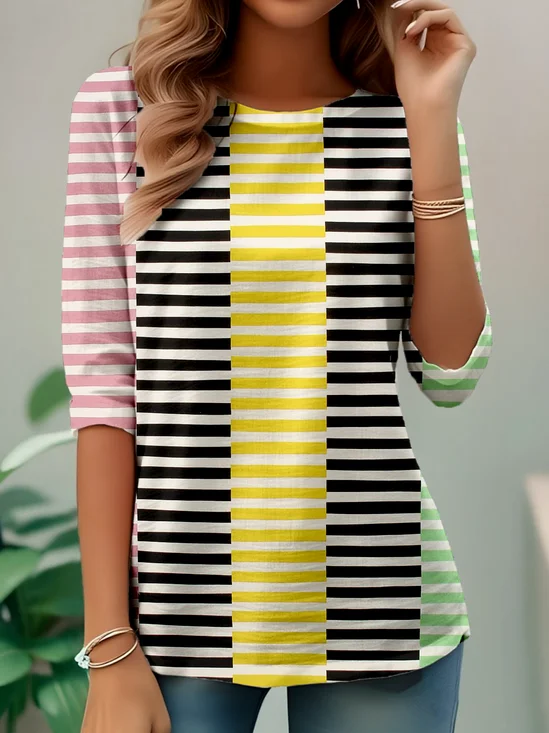 Elegant Commuting Simple Striped Pattern Print Round Neck Long Sleeve T-Shirt