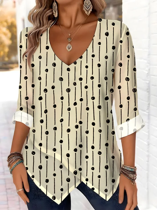 Elegant Commuting Polka Dot Pattern V-Neck Pointed Hem Long-Sleeved Top