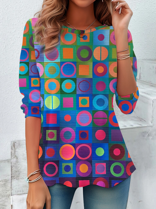 Women's Geometry Print Casual Long Sleeve Crew Neck Tunic T-Shirt