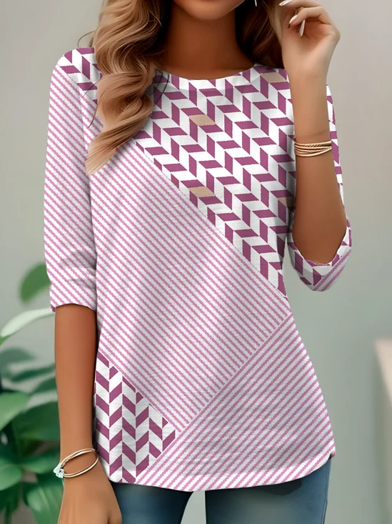 Elegant Commuting Simple Geometric Stripe Pattern Print Round Neck Long Sleeve T-Shirt