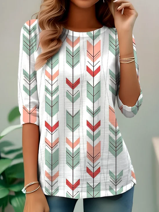 Ethnic Pattern Early Autumn Oak Leaf Print Round Neck Long Sleeve T-Shirt