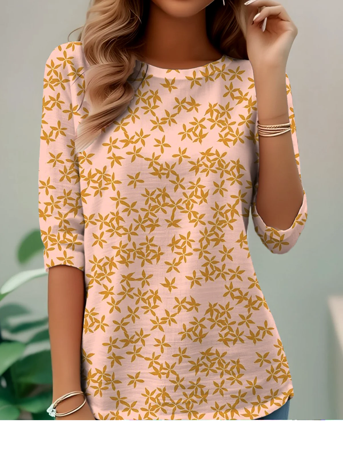 Elegant And Simple Maple Leaf Pattern Print Round Neck Long Sleeve T-Shirt