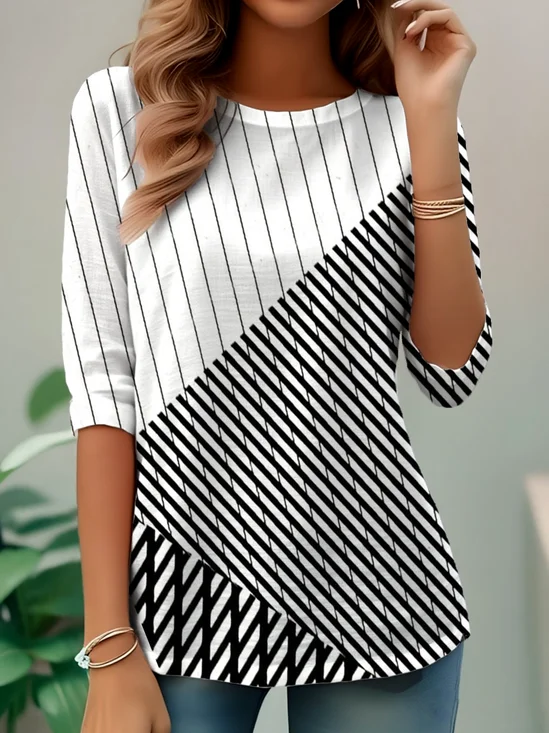 Elegant Commuting Simple Striped Pattern Print Round Neck Long Sleeve T-Shirt