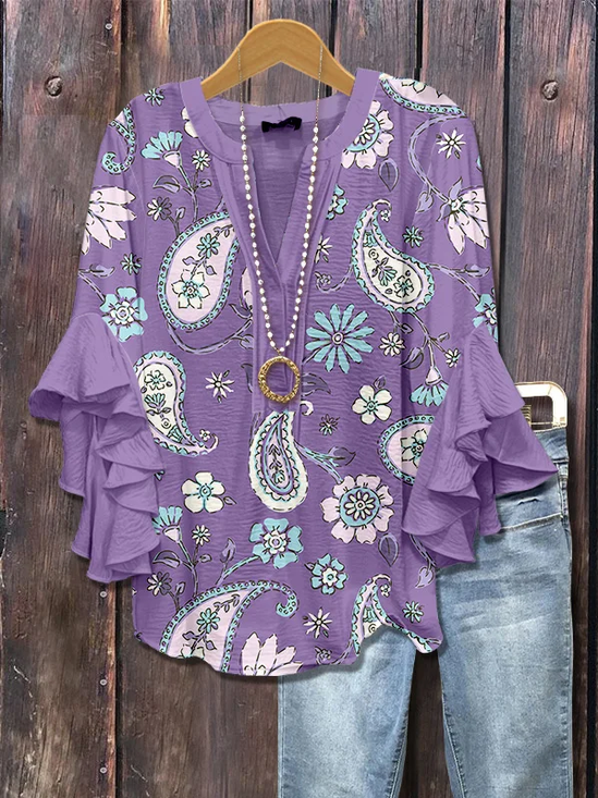 Women's Half Sleeve Shirt Summer Purple Floral Printing V Neck Daily Going Out Casual Top