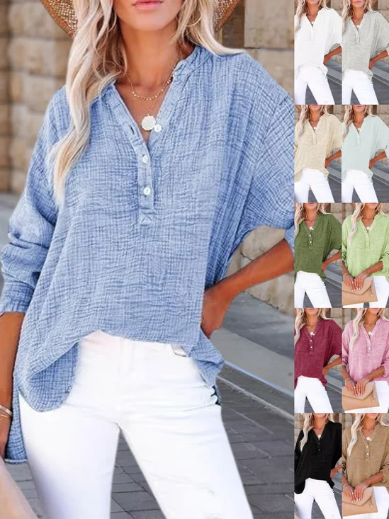 Women's Long Sleeve Shirt Spring/Fall Sky Blue Plain Split Joint Cotton V Neck Daily Going Out Casual Top