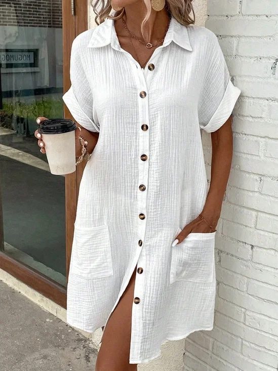 Solid Color Single-Breasted Mid-Length Short-Sleeved Loose Casual Commuter Dress
