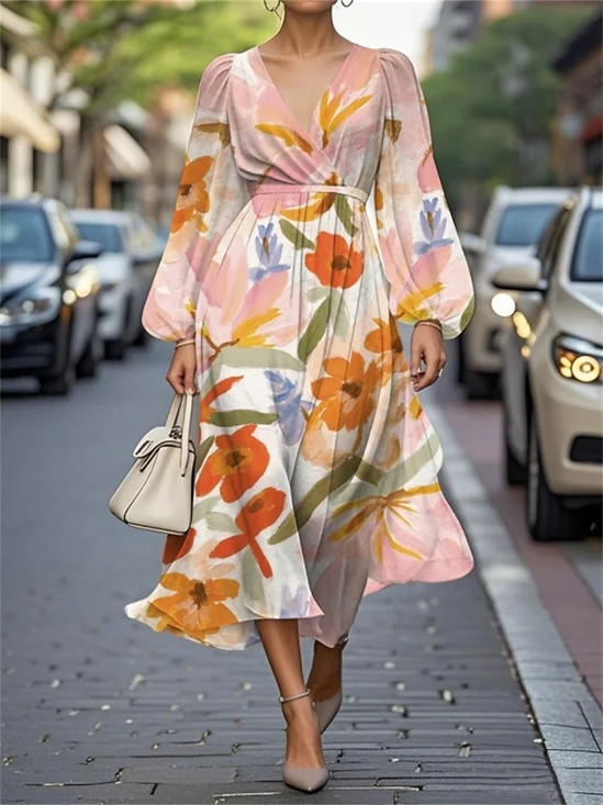 Simple Floral Puff Sleeve V Neck Regular Fit Dress