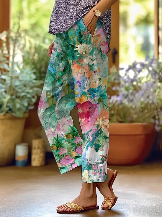 Women's  H-Line Baggy Pants Daily Going Out Pants Green Casual Printing Floral Spring/Fall Pants