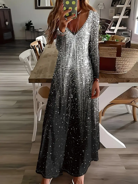 Women's Long Sleeve Spring/Fall Black Abstract Printing V Neck Daily Going Out Casual Maxi H-Line Dress