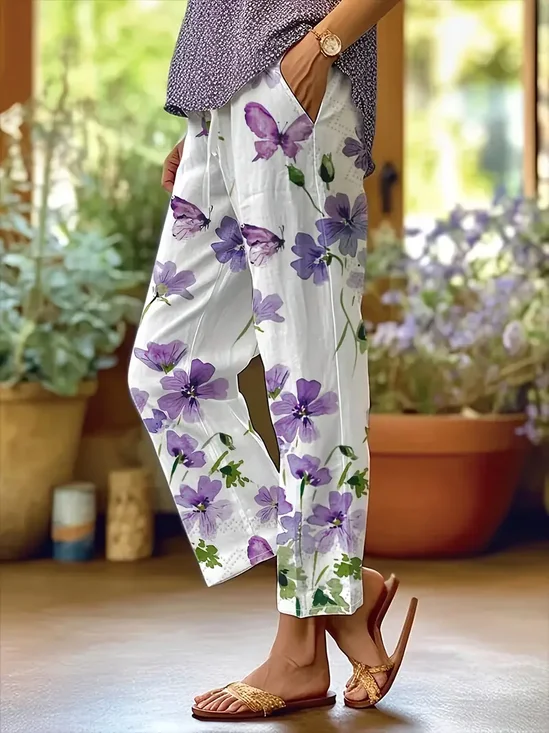Women's  H-Line Baggy Pants Daily Going Out Pants White Casual Printing Floral Spring/Fall Pants