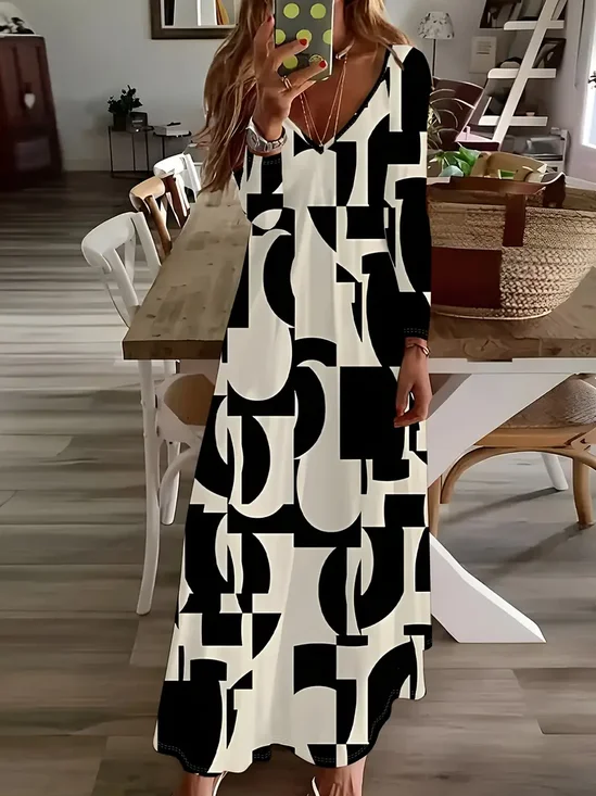 Women's Long Sleeve Spring/Fall Black Abstract Printing V Neck Daily Going Out Casual Maxi H-Line Dress