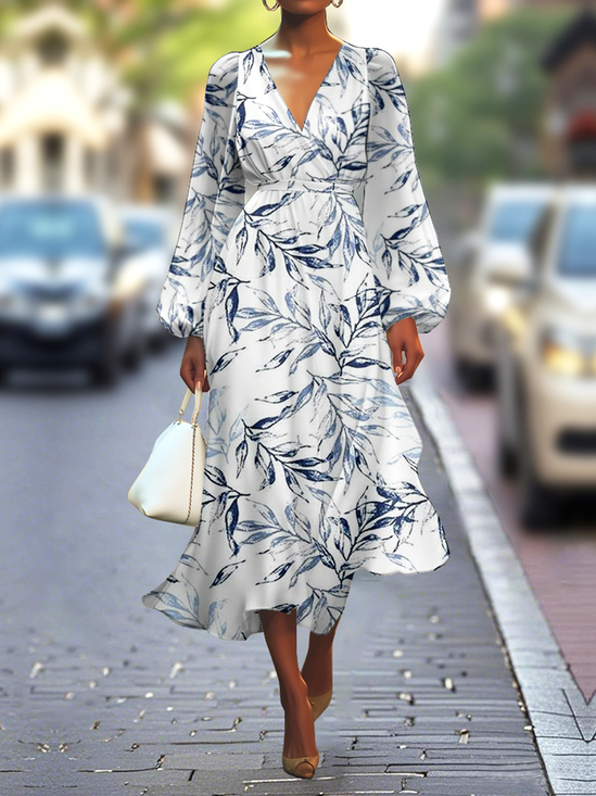 Regular Fit V Neck Puff Sleeve Vacation Dress