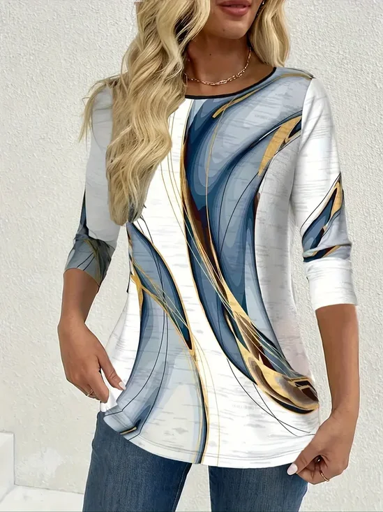 Women's Long Sleeve T-shirt Spring/Fall White Abstract Printing Jersey Crew Neck Daily Going Out Casual Top