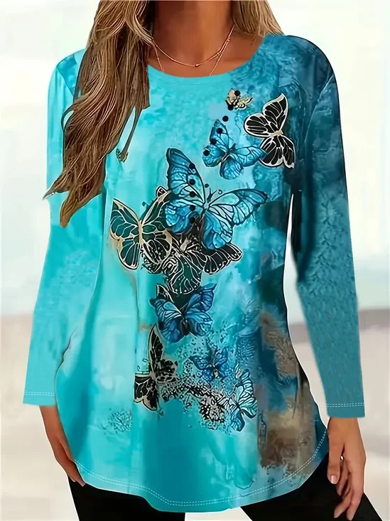Women's Long Sleeve T-shirt Spring/Fall Cyan Butterfly Printing Jersey Crew Neck Daily Going Out Casual Top