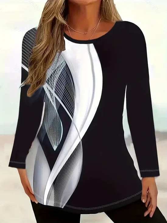 Women's Long Sleeve T-shirt Spring/Fall Black Abstract Printing Jersey Crew Neck Daily Going Out Casual Top