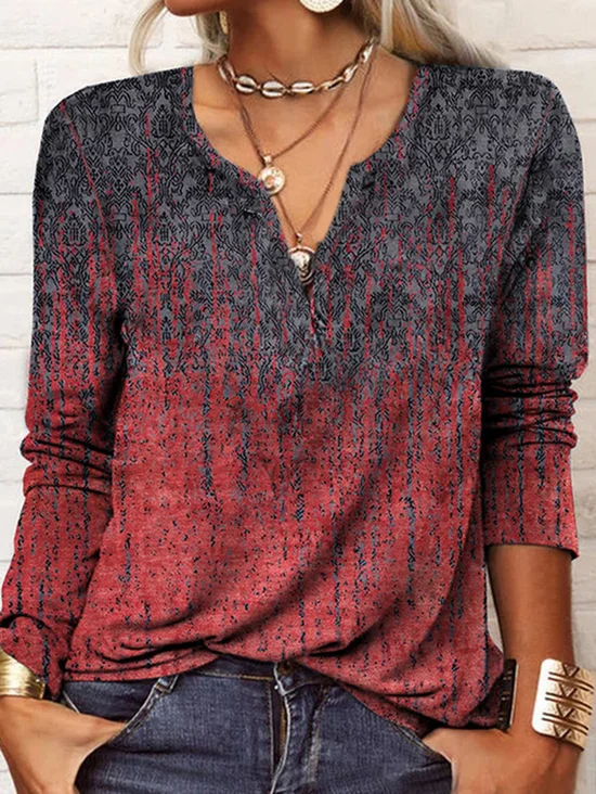 Print Casual V Neck Long Sleeve T-Shirt