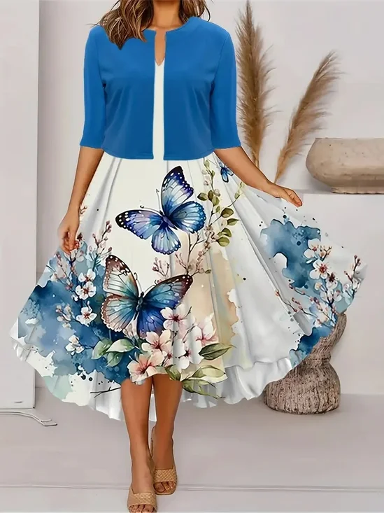 Women's Printing Floral Daily Going Out Two-Piece Set Light Blue Casual Summer Coat With Skirt Matching Set