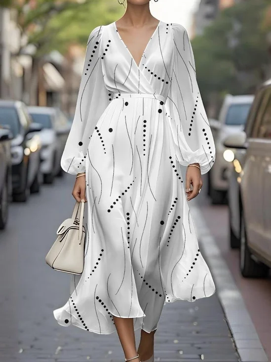Abstract Polka Dots V Neck Sexy Puff Sleeve Regular Fit Dress