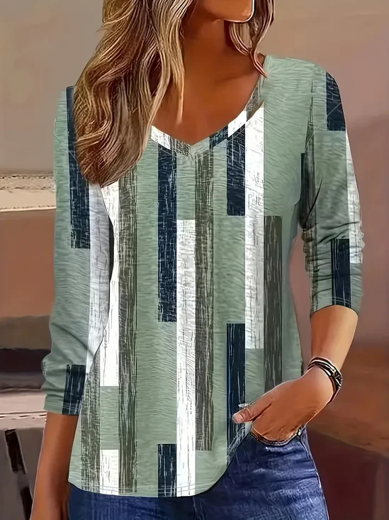 Women's Geometric Print V-Neck Long Sleeve Casual T-Shirt