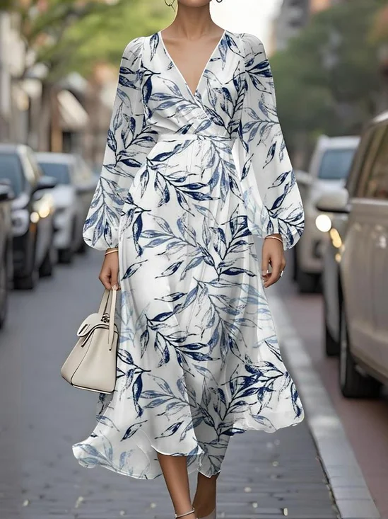 Regular Fit V Neck Puff Sleeve Vacation Dress