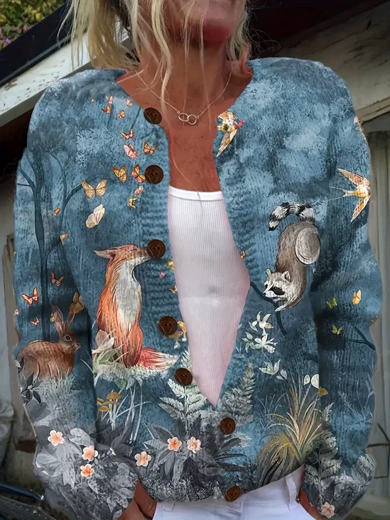 Crew Neck Animal Knitted Vintage Cardigan