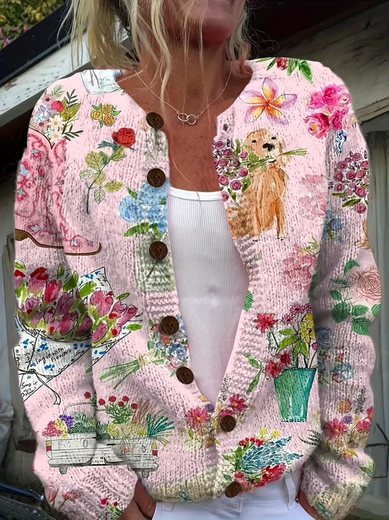 Peasant Knitted Loose Crew Neck Cardigan