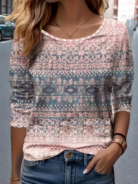 Women's Long Sleeve T-shirt Spring/Fall Pink Floral Printing Jersey Crew Neck Daily Going Out Casual Top