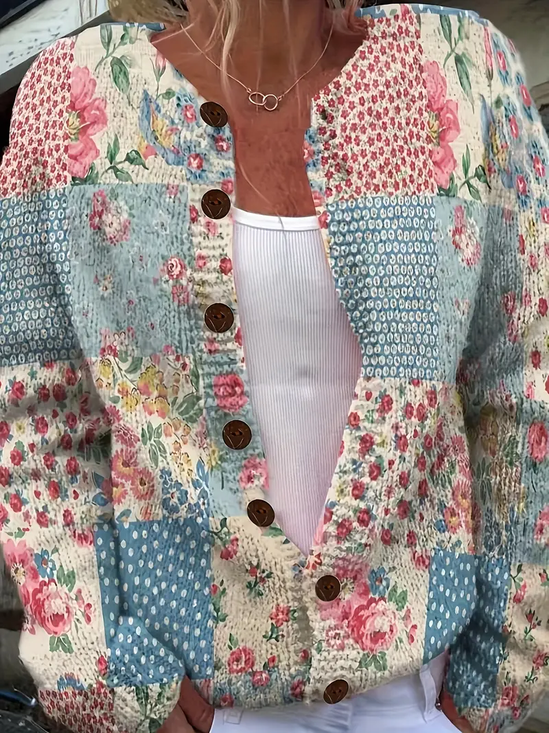 Crew Neck Knitted Multicolor Block Casual Cardigan