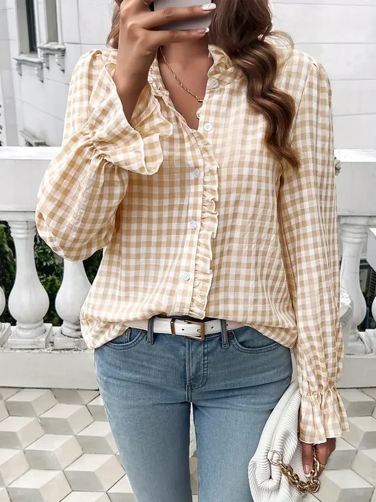 Temperamental And Simple French Style Ruffled Long-Sleeved Plaid Shirt