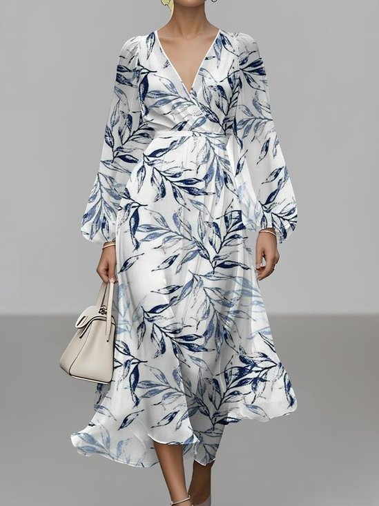 Regular Fit V Neck Puff Sleeve Vacation Dress