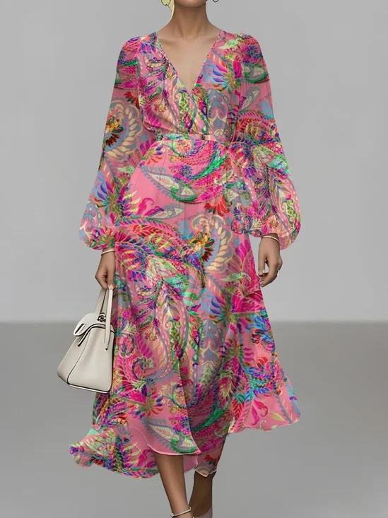 Regular Fit Paisley Puff Sleeve Semi Formal Dress