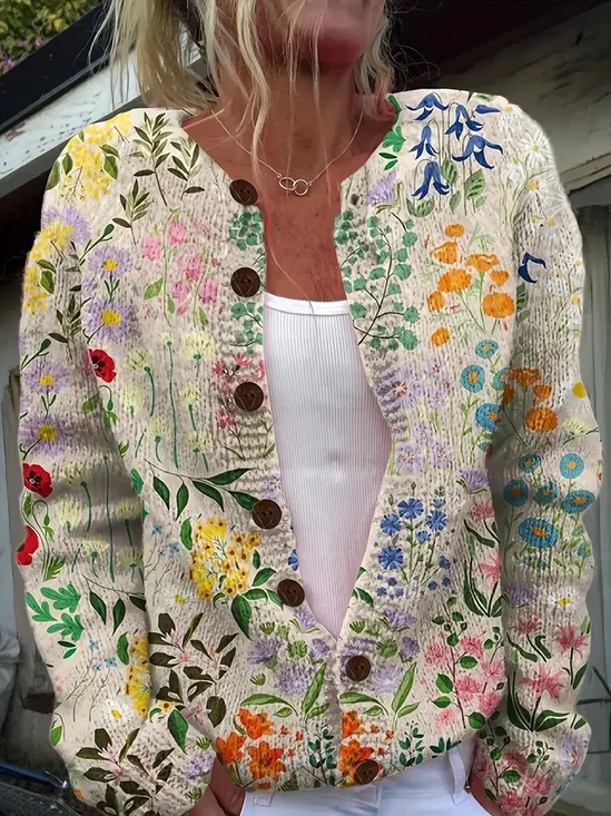 Floral Crew Neck Casual Cardigan