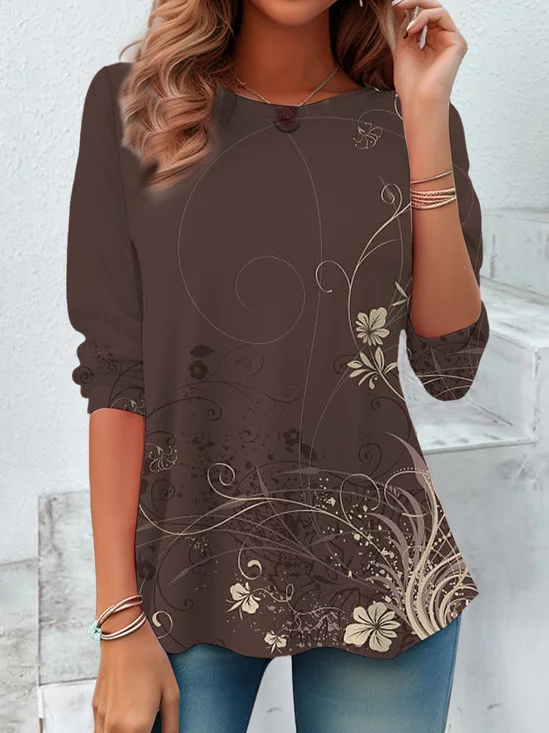 Women's Long Sleeve T-shirt Spring/Fall Brown Floral Printing Jersey Crew Neck Daily Going Out Casual Top