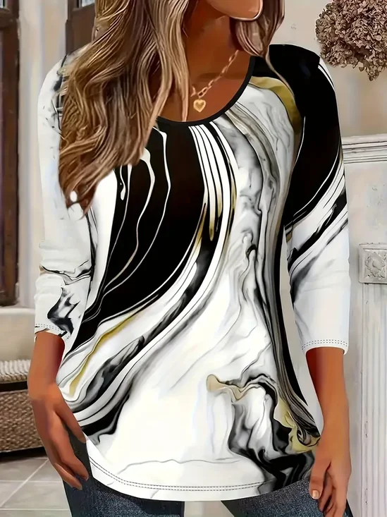 Women's Long Sleeve T-shirt Spring/Fall Black-white Abstract Printing Jersey Crew Neck Daily Going Out Casual Top