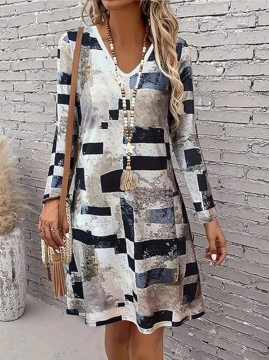 Casual Geometric V Neck Regular Fit Dress With No