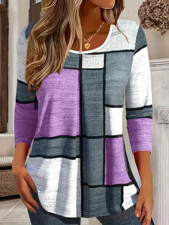 Women's Long Sleeve T-shirt Spring/Fall Purple Plaid Printing Jersey Crew Neck Daily Going Out Casual Top