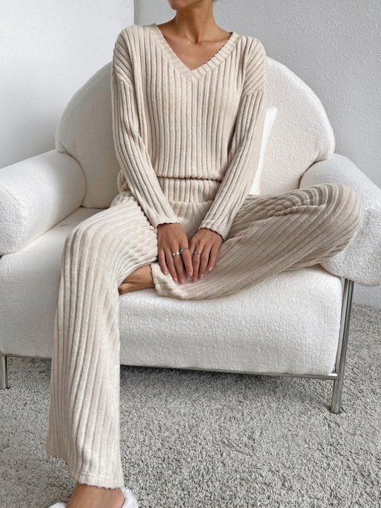 Women's Embossed Plain Daily Going Out Two-Piece Set Apricot Casual Spring/Fall Top With Pants Matching Set