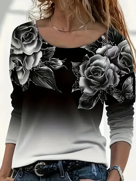 Women's Long Sleeve T-shirt Spring/Fall Black Floral Printing Jersey Crew Neck Daily Going Out Casual Top