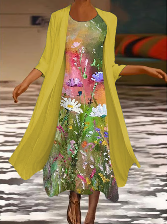 Women's Printing Floral Daily Going Out Two-Piece Set Yellow Casual Spring/Fall Coat With Skirt Matching Set