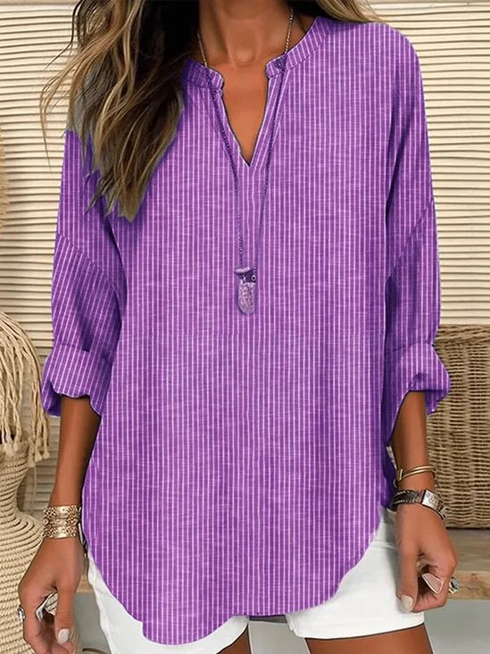 Women's Long Sleeve Blouse Spring/Fall Purple Striped Printing Cotton-Blend V Neck Daily Going Out Casual Top