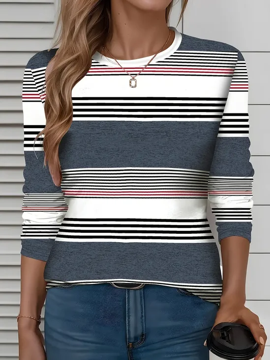 Women's Long Sleeve T-shirt Spring/Fall As Picture Striped Printing Jersey Crew Neck Daily Going Out Casual Top