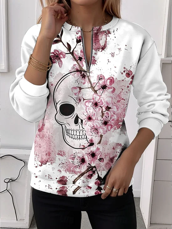 Women's Quarter Zip Floral Skull Casual Long Sleeve Crew Neck Sweatshirt