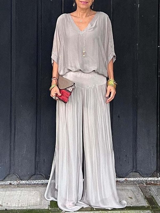 Women's Split Joint Plain Daily Going Out Two-Piece Set White Casual Summer Top With Pants Matching Set